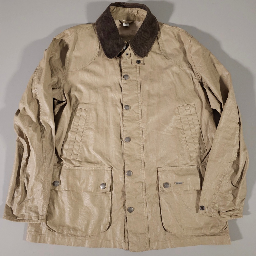 Barbour Waxed Field Jacket Mens L Tan Corduroy Collar Utility Pocket Outdoor
